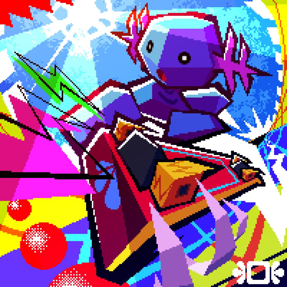 pixel art of Wooper performing a kickflip on their hot-red skateboard