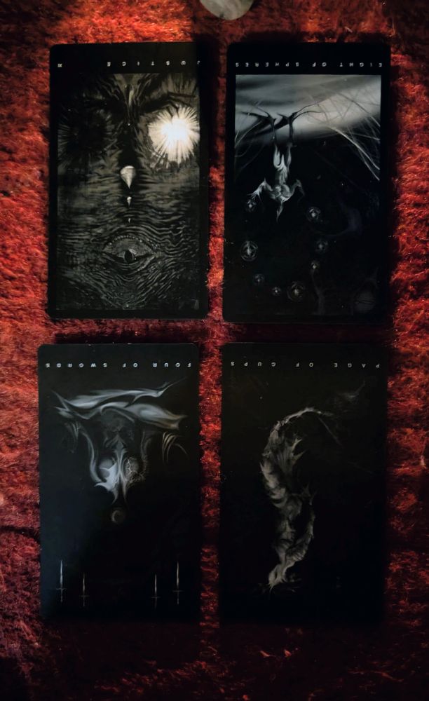 Justice r. Eight of pentacles r. Four of swords r. Page of cups r. 