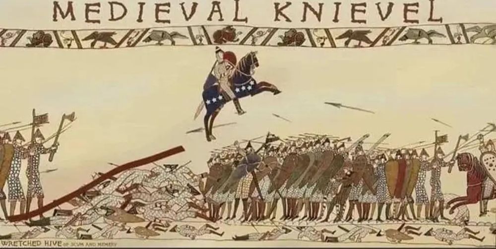 An image in the style of the Bayeaux Tapestry. A heading says Medieval Knievel and has a soldier on horseback coming off a ramp, flying over a crowd of soldiers in helmets and chainmail, carrying shields. Arrows fly through the air