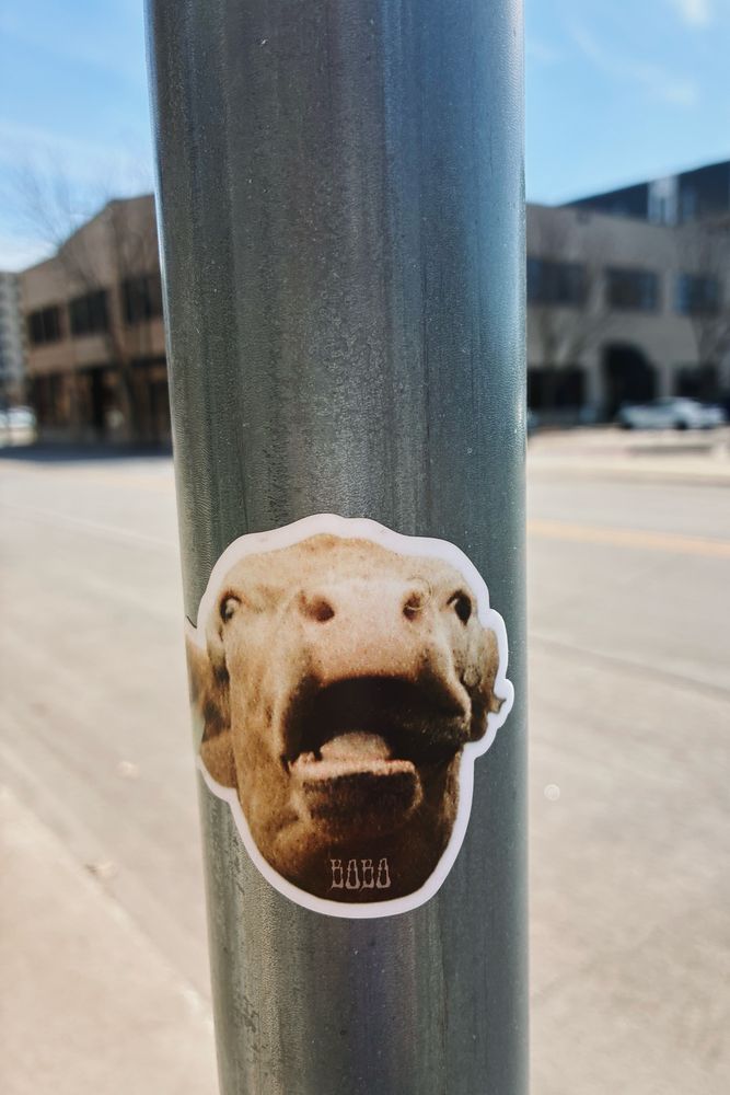 A sticker of a cow with a shocked face on a pole. 