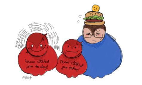C00lkid and 007n7. There are two c00lkids, one of them is looking more.. "not himself" and the other is leaning on 007n7 with a goofy smile on his face. 007n7 is  looking a bit distressed and he is sweating. All three of them are drawn like bean babies.