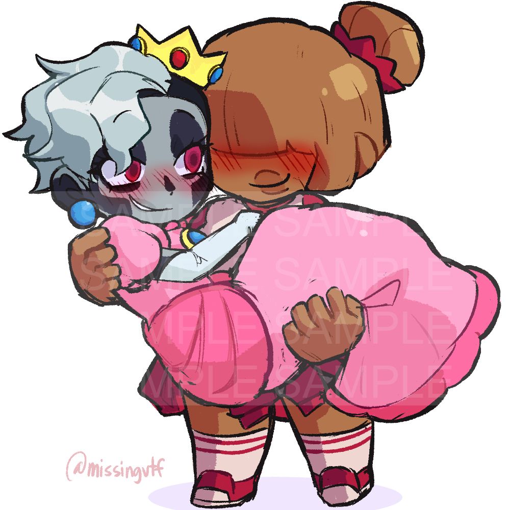 Abby carrying Milo Belladonna. Milo is wearing Princess Peach's outfit. Both Milo and Abby are smiling and blushing.