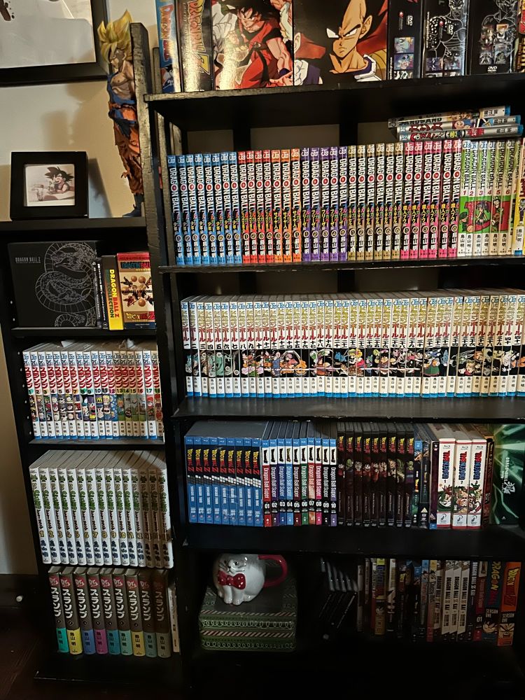 photograph of part of my toriyama collection including the japanese tankobon and full color versions of the manga, 3 versions of the japanese dr. slump manga, several funimation releases of dbz including the original box sets, a spanish release of db, dbs:broly collector’s edition, a non-bootleg daizenshuu CD set, the bgm collection, several movie soundtracks, the faulconer productions CDs, and the 30th anniversary remaster of dbz.
