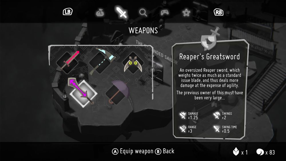screenshot of the game "death's door". in the weapons' menu it shows "reaper's greatsword"
