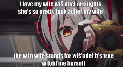 a picture of a girl taking a picture with a caption that says i love my wife wis adel arknights