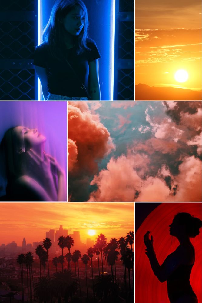 Woman with blue background; yellow sky; woman with purple background; red clouds; hot sun over city; woman with red background 