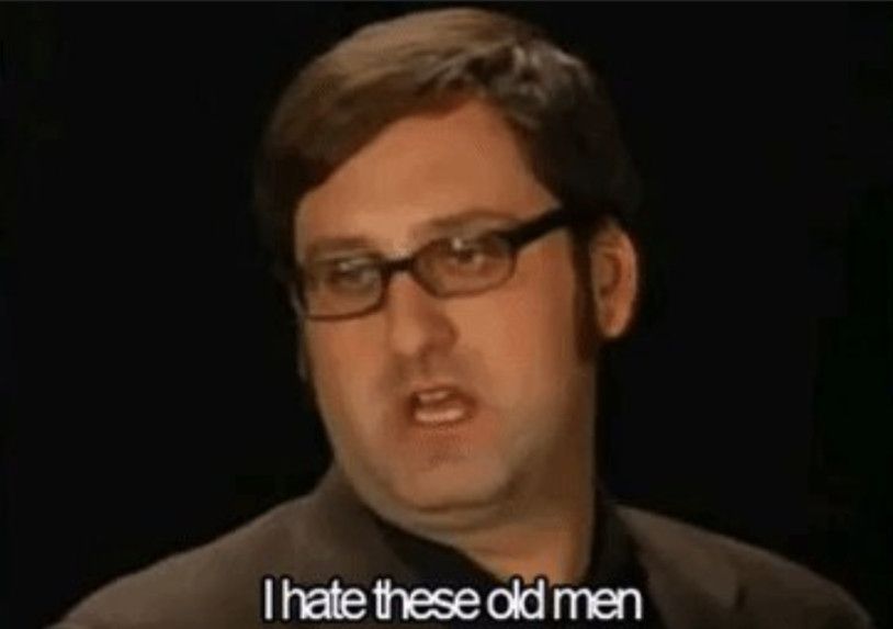Still shot of Eric Wareheim with the caption "I hate these old men"