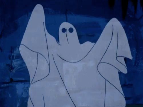 a cartoon drawing of a ghost with big eyes and a blue background