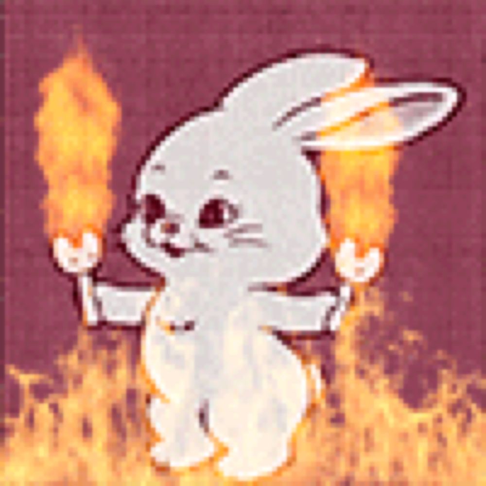 a cartoon rabbit is holding two flaming torches in front of a fire .