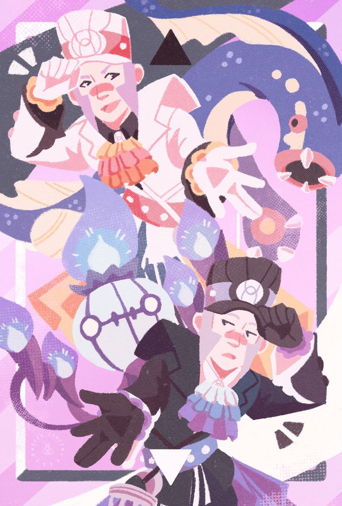 Digital fan art of Sygna Suits Ingo and Emmet from Pokemon Masters EX. They are mirroring each other's poses, with one hand outstretched to the viewer. In the background, their Pokemon - Chandelure and Eelektross - can be seen.