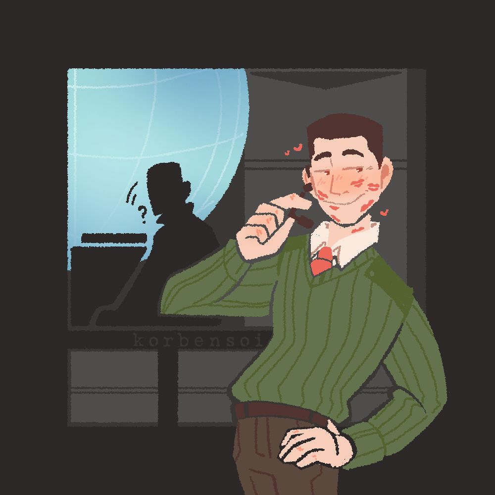 A digital xcom fanart of Bradford looking smug and flustered, his face covered with lipstick marks.