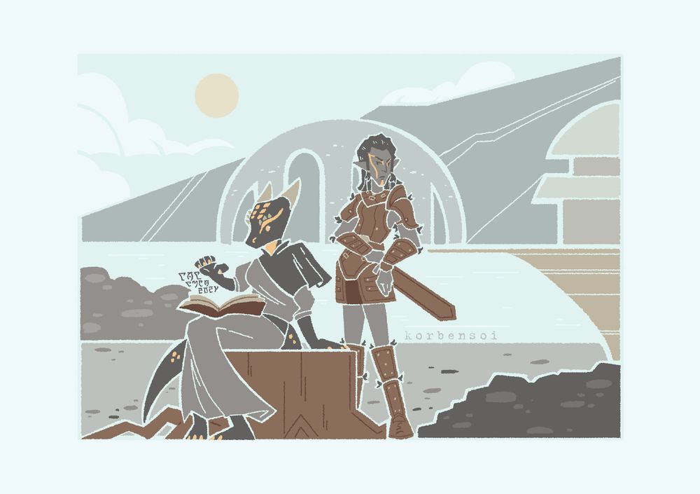 A digital art of my female dragonborn argonian OC and her wife Jenassa enjoying some free time outdoors. Actually, my OC is the only one enjoying a book, while Jenassa stand nearby on guard, looking like she's ready to protect dragonborn if needed.