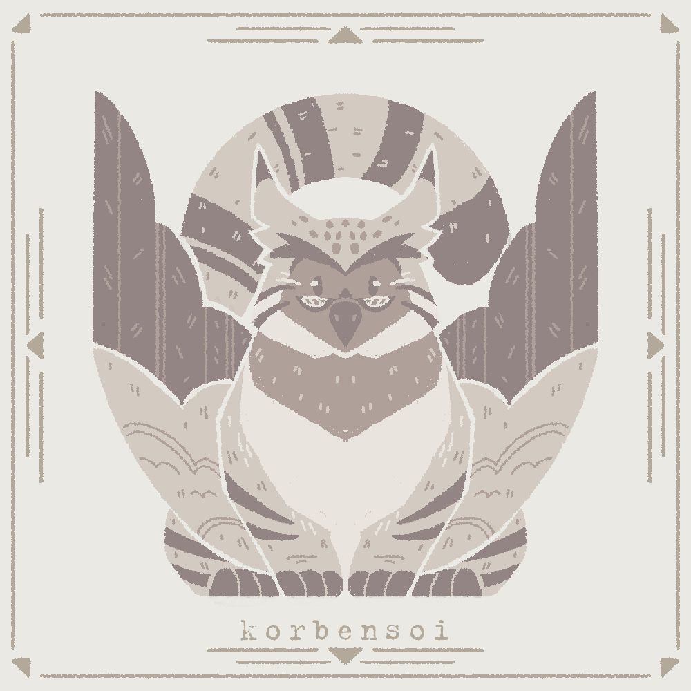 A digital art of my husband's pallas cat and owl hybrid fursona, resembling a monster hunter icon. 