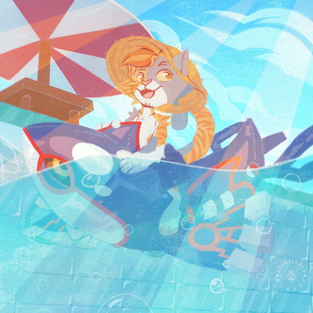 Digital illustration of an anthropomorphic domestic shorthair cat on an inflatable kyogre toy in the pool. The cat is wearing dark blue swimming trunks and a straw hat.