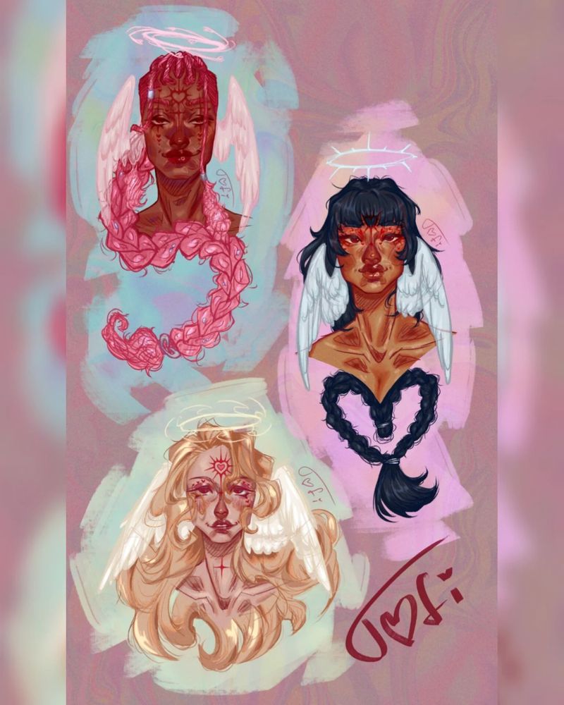 Digital drawing of cupid or angel characters with different pastel and bright colors.