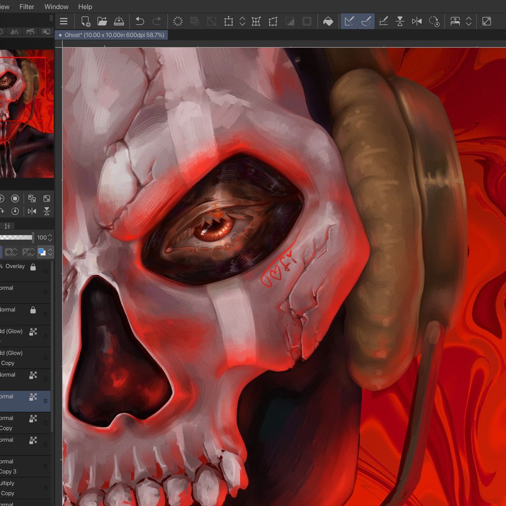 A closeup of a work in progress Simon "Ghost" Riley from Call of Duty with a cracked skull mask, headgear, and way too many brush details.
