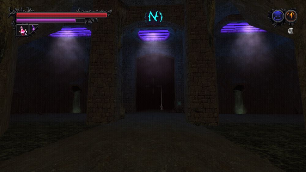 A screenshot of the first crossroad in the Fetid Mire (as entered from Hollow Basin) showing that the "windows" on ceiling are purple instead of green, because I'm playing at full moon.