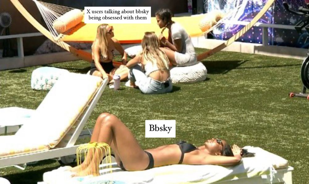 Picture of Taylor hale suntanning with irrelevant houseguests chatting behind her 