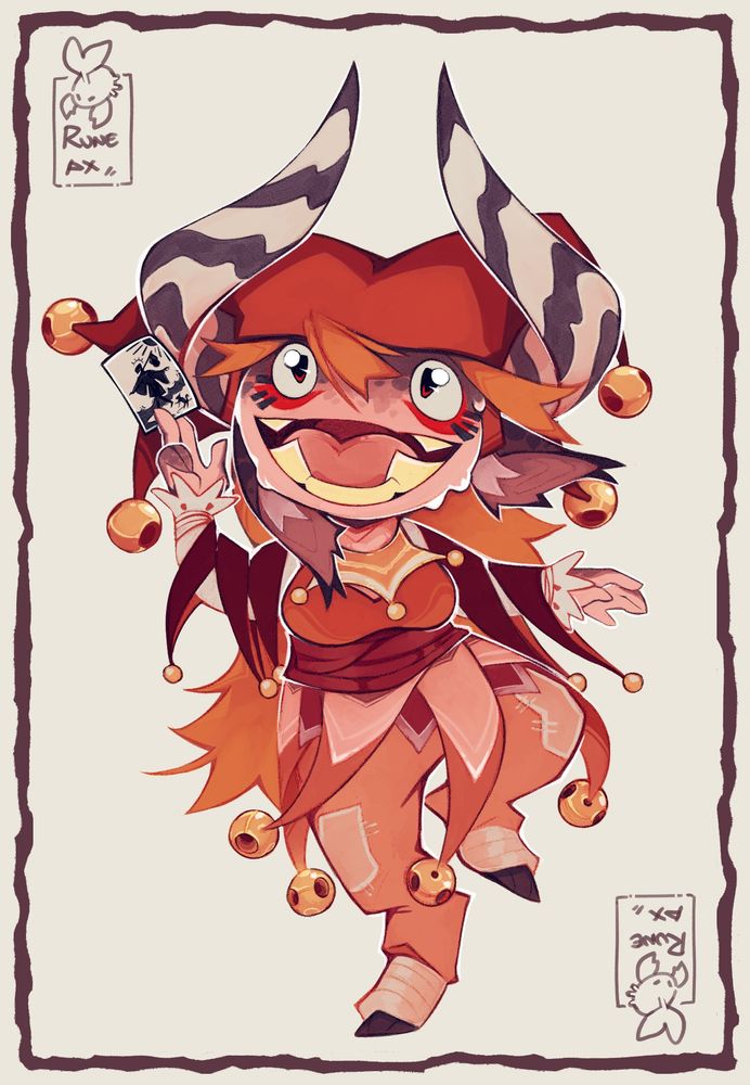Chibi art of Runeax as a jester. She is dancing and jingling her bells while looking up at the viewer. She is holding the tarot card of the fool. The composition looks like a joker card. 
