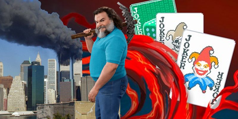 jackblack steve from minecraft aura farming with jimbo from balatro and the twin towers in the background