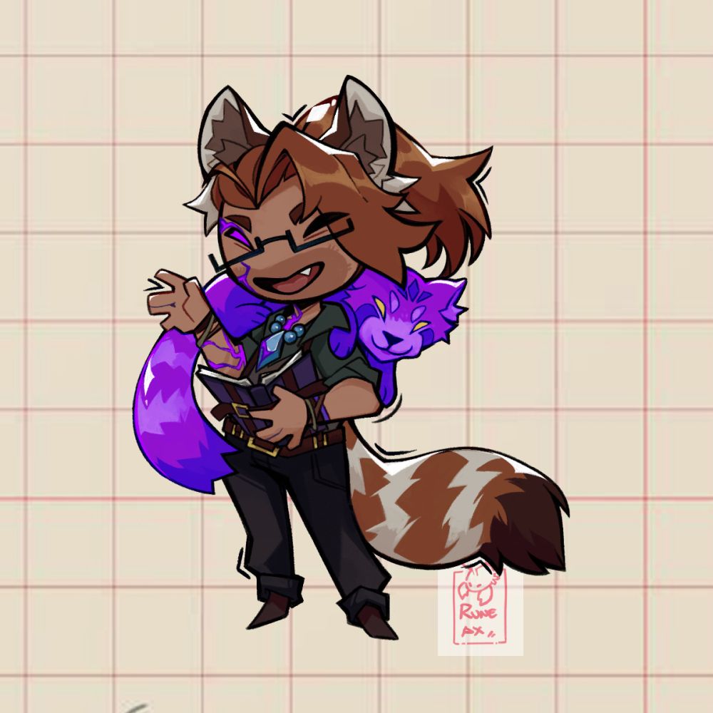chibi art of an academic looking man with red panda ears + tail, and a red panda on his shoulder. he has a purple grimoire open and is using his hands to add pizazz to what he is reading. There are now purple corruption elements through the piece. The piece is on an engineering paper backround and my signature is in the corner. also here is the word fuck to help combat scraping. FUCK FUCK FUCK FUCK