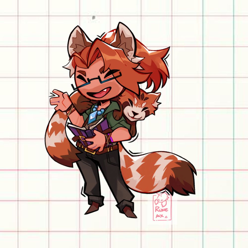 chibi art of an academic looking man with red panda ears + tail, and a red panda on his shoulder. he has a purple grimoire open and is using his hands to add pizazz to what he is reading. The piece is on an engineering paper backround and my signature is in the corner. also here is the word fuck to help combat scraping. FUCK FUCK FUCK FUCK
