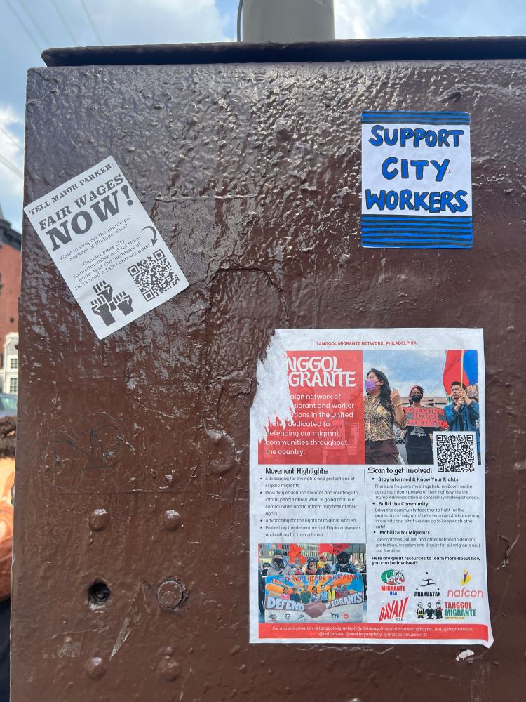 Stickers supporting striking city workers from Philly DC33. The QR code links to a call script to call city leaders. The link is: https://bit.ly/support-dc33