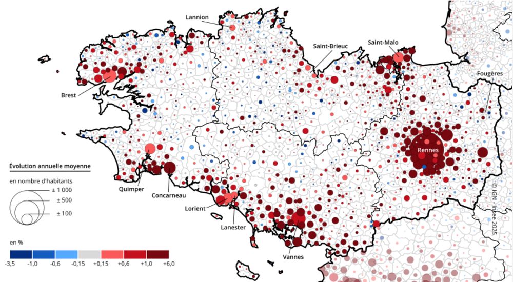 Évolution de la population des communes entre 2017 et 2023 en Bretagne