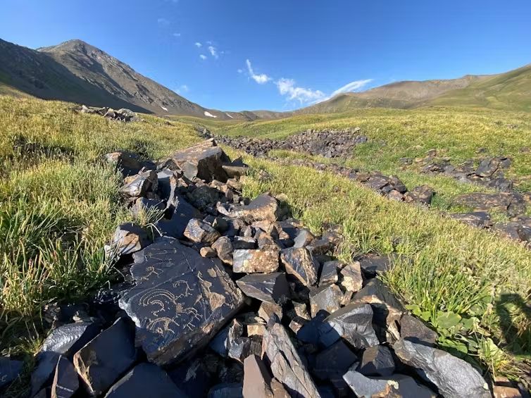 Gravure représentant des chèvres sauvages sur une pierre de la rivière de pierres de Saimaluu Tash. D.M.F.L.