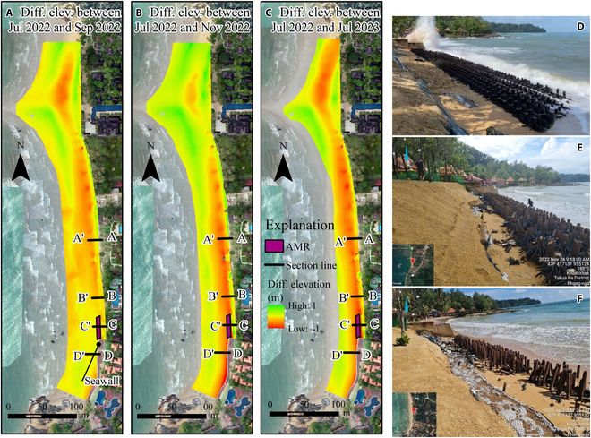 Fig. 7. Sediment elevation and AMR condition at NTB: (A to C) elevation change maps for July to September 2022, July to November 2022, and July 2022 to July 2023; (D) AMR conditions during installation; (E) post-storm damage (~20%) in November 2022; and (F) further degradation by July 2023 (~20% remaining).

