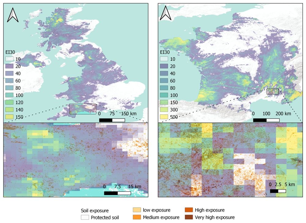 Event based comparison of EURADCLIM dataset and soil exposure data derived from Sentinel-2 for two specific extreme events that occurred in UK in February 2020 and in France in October 2020. The relative exposure is approximated using categories of: protected soil (NDVI = 0.8–1), low exposure (NDVI = 0.6–0.8), medium exposure (NDVI = 0.4–0.6), high exposure (NDVI = 0.2–0.4) and very high exposure (NDVI = 0–0.2) based on the closest available Sentinel-2 acquisition to the event date.