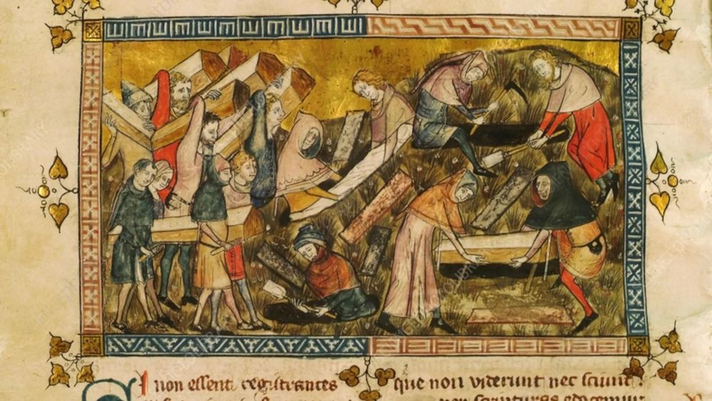 La peste noire s’est abattue sur l’Europe en 1347 à la possible faveur d’éruptions volcaniques survenues au niveau des tropiques. Il n’a alors fallu que quelques années pour qu’elle progresse vers le nord. Cette image d’un manuscrit enluminé montre l’inhumation de victimes de la peste à Tournai, en Belgique, en 1353.

PHOTOGRAPHIE DE Pierart Dou Tielt, Bibliothèque royale de Belgique, Heritage Images, SCIENCE PHOTO LIBRARY