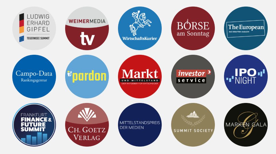 Alle Marken der Weimer Media Group dargestellt mit ihren Logos in Kreisen. 
