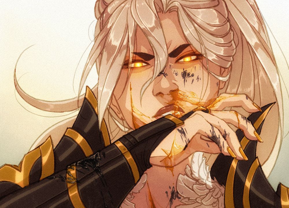 A close-up of Svellere’s face as she fights Castrel in Ourelian Rise, a partner image to the previous illustration. She looks down at the viewer, and so at Castrel, with an expression of indignation. Her sneer mirrors Castrel’s from the previous illustration, but feels more heated, more hateful than Castrel’s somehow. Her right hand is lifted to her face, wiping gold blood from her nose in a messy smudge across her face. Castrel’s blood is seen in specks across her face and across her hand and arm.