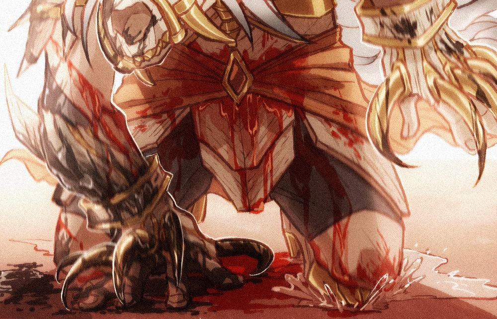 Lanio dying after killing Castrel. The shot focuses on Lanio’s knees hitting the ground, one in a small saltwater puddle typical of the Ruins of Atrea. Her right hand hits the ground, palm splayed, helplessly trying to catch herself as the inevitable is written on her armor in bright red blood. Despite Lanio’s armor covering her torso completely, blood escapes through the cracks, staining the sash around her waist, pouring down her stomach and legs, revealing the mirror to Castrel’s fatal wound.