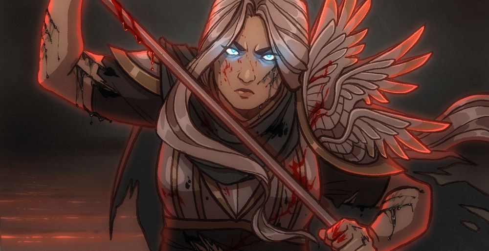 A pair to the previous illustration, this shows Castrel in the same dark, red-lit landscape as Lanio, presumably facing Lanio by facing towards the viewer. She returns the severe gaze seen by Lanio before. She holds her halberd up high in front of her as her eyes glow bright, a shock of clear blue against the murky greens and vibrant reds. She bleeds from gashes in groups of three parallel lines where Lanio’s claws managed to sink into her in harmony, and red blood is seen across her armor, hands, and halberd. There is no anxiety in her expression, she is fully focused and prepared to continue fighting.
