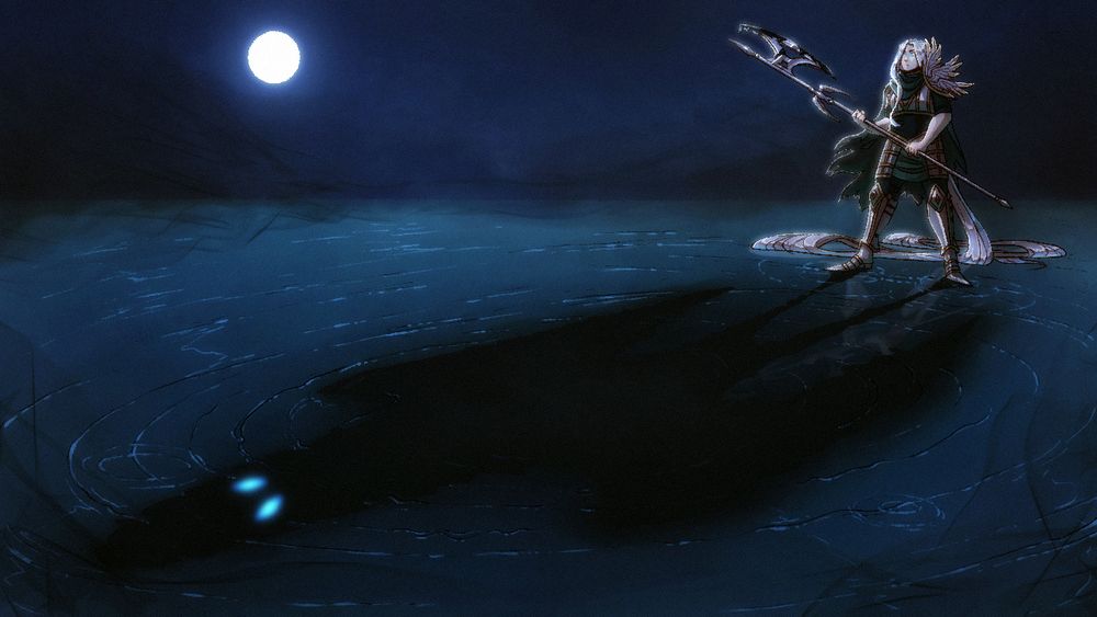 Castrel watching over the shadow left by Yualis. It is identical to the previous illustration in all ways but two. One, a full moon has appeared in the sky behind them, illuminating castrel in white light from behind. The second, the shadow attached to Castrel’s feet reveals sharp blue eyes, radiating from beneath the surface of the water. Yualis cannot be killed, just as she never truly lived. She is not subject to the same rules as Castrel and her ilk. She is not a problem Castrel can solve with bloodshed.