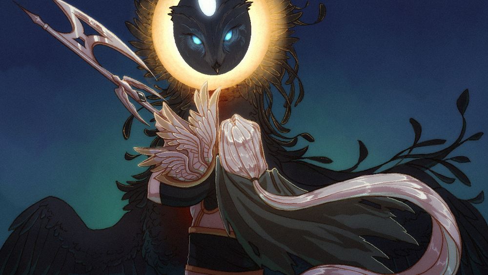 Castrel facing off with Yualis. Yualis looks down at Castrel, her lame wings lifting slightly off the ground, though it’s impossible to tell the intent behind this action. Her gaze settles on Castrel and seems almost peaceful, thoughtful, an expression so very distant from the crazed wide scribbles with which the Umbral Aves regard Castrel. Castrel’s hair lifts in the air from the speed of her turn, her halberd poised to strike.