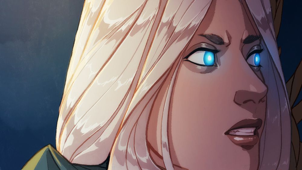 A closeup of Castrel’s face as she grits her teeth, certain she feels something within the shadows, unaware the light of Yualis’ halo illuminates her head of white hair from behind, as her piercing blue eyes shine in the shadows before her.