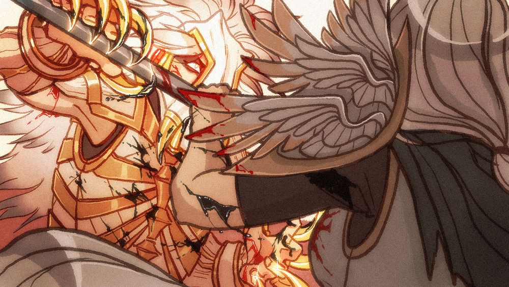 Lanio and Castrel locked in combat. Castrel holds her halberd’s haft up to deflect Lanio’s swing, Lanio’s claws sending sparks as the sharp points scrape against the metal of the halberd. Lanio glares up through the eye sockets of her lion-skull helmet, Keeper Tajsa, as her other hand is revealed to be readying its own strike. Castrel’s arms are cut where Lanio has landed previous blows, bleeding black. Lanio is better armored, but bright red blood shows on the exposed flesh of her upper arms and on in her palm. Black and red blood are splattered across both of their armor, indicating the battle has been well underway.
