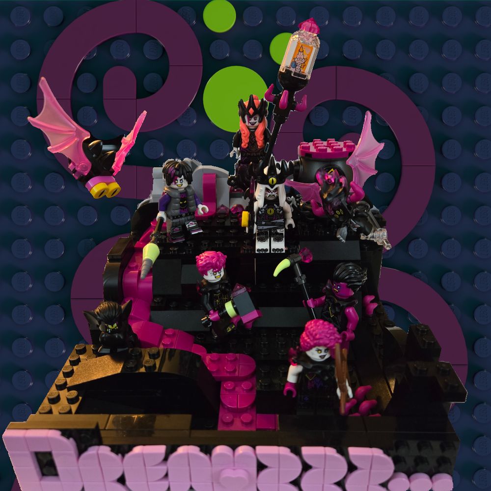 Lego Dreamzzz villains standing along a flowing magenta-coloured stream down a hillside
