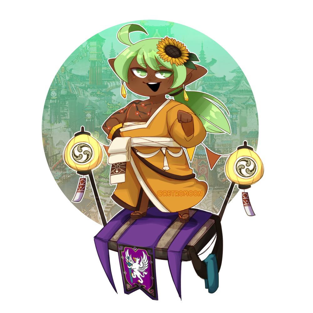 Kukumai Spororo in a yellow variation of the Yakaku Set, standing on a platform sporting the flags of Ala Mhigo and Kugane