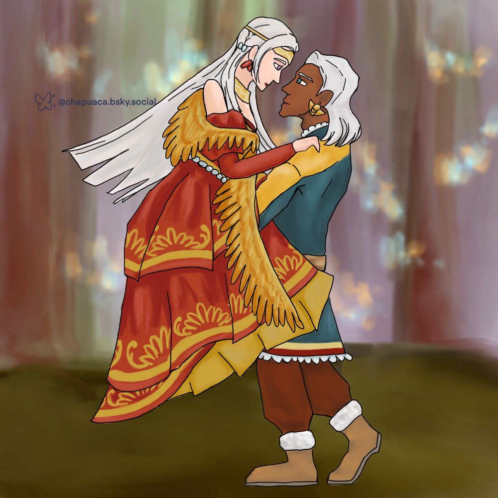 A digital drawing of Edelgard and Dedue from FE3H. Edelgard is in her Adorned Eagle FEH alt and is being lifted by Dedue, who is in a ball design from @faerghus-fucker on tumblr. They smile at each other.