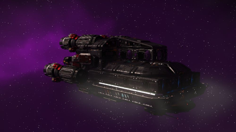 A dark metal spaceship with many windows and many, many more engines.