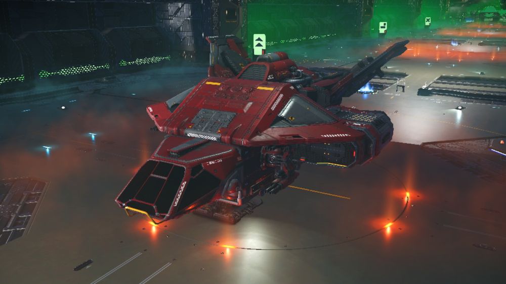 A red starship, shaped like a snub-winged fighter jet, and twice the size.