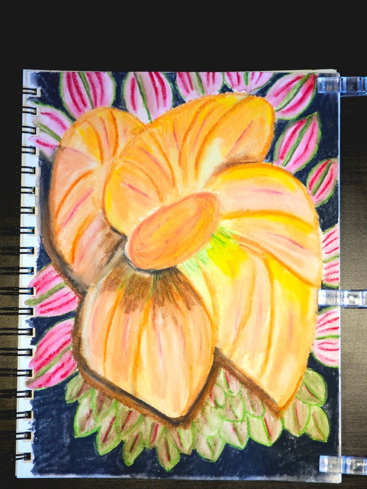 A mostly orange flower of no specific type against mostly red leaves, strongly shaded with brown edges