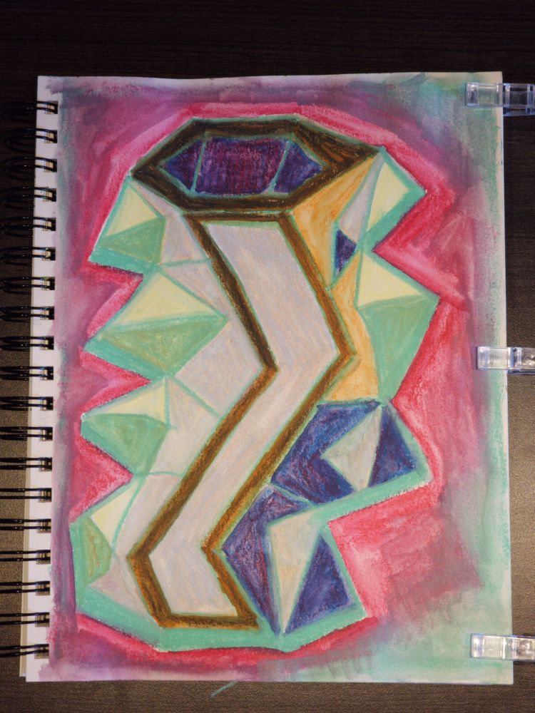 Angular vase-like object with colorful facets against a bright red light background