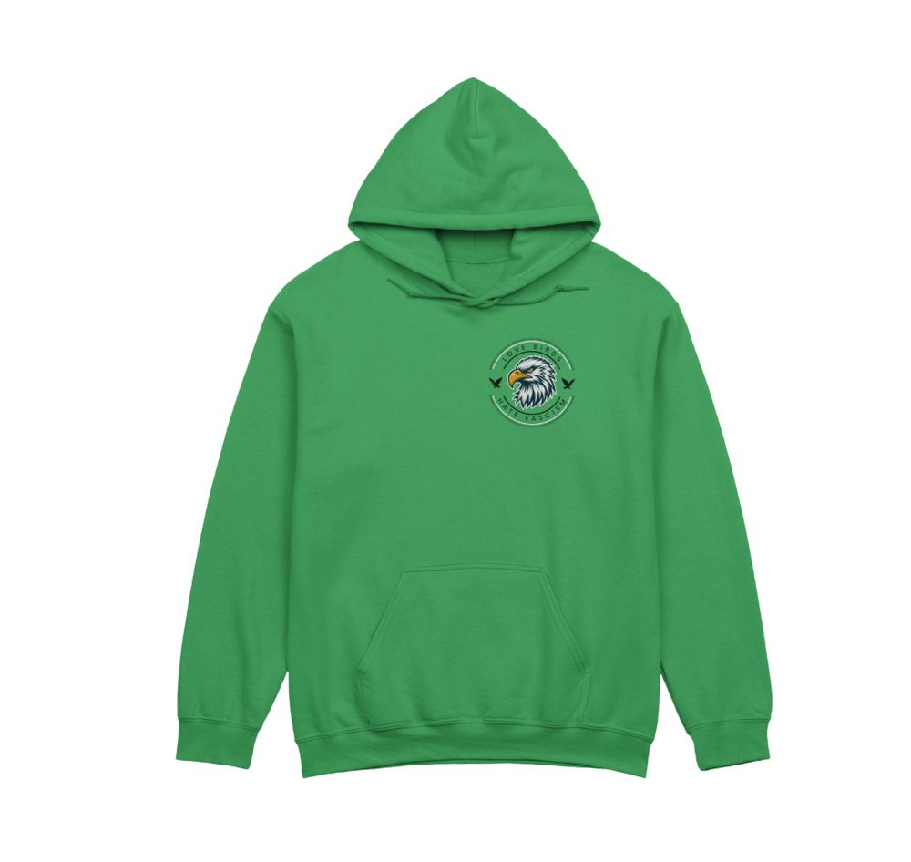 Front of green hoody that has a small eagle logo