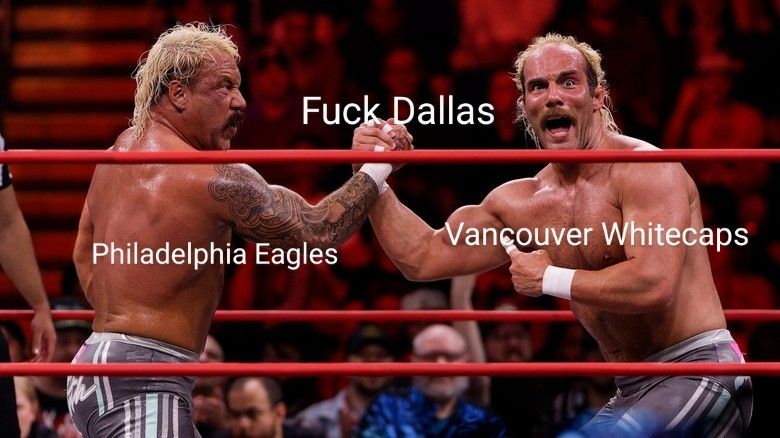 The outrunners (aew wrestlers) doing the predator handshake, representing the Philly eagles and the Vancouver whitecaps united in the idea of "fuck dallas" 