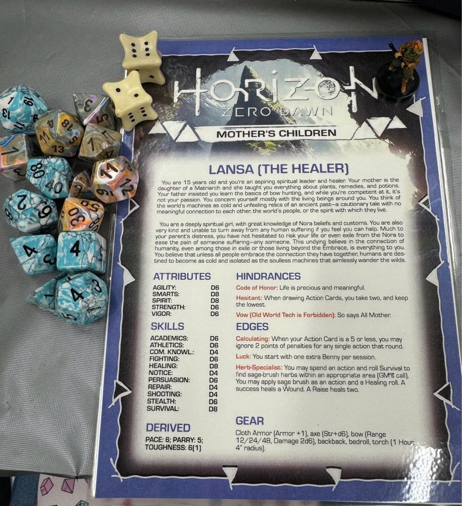 Character sheet for Horizon Zero Dawn Savage Worlds one-shot game at Gamehole Con, pictured with themed stone and bone dice and Nora mini
